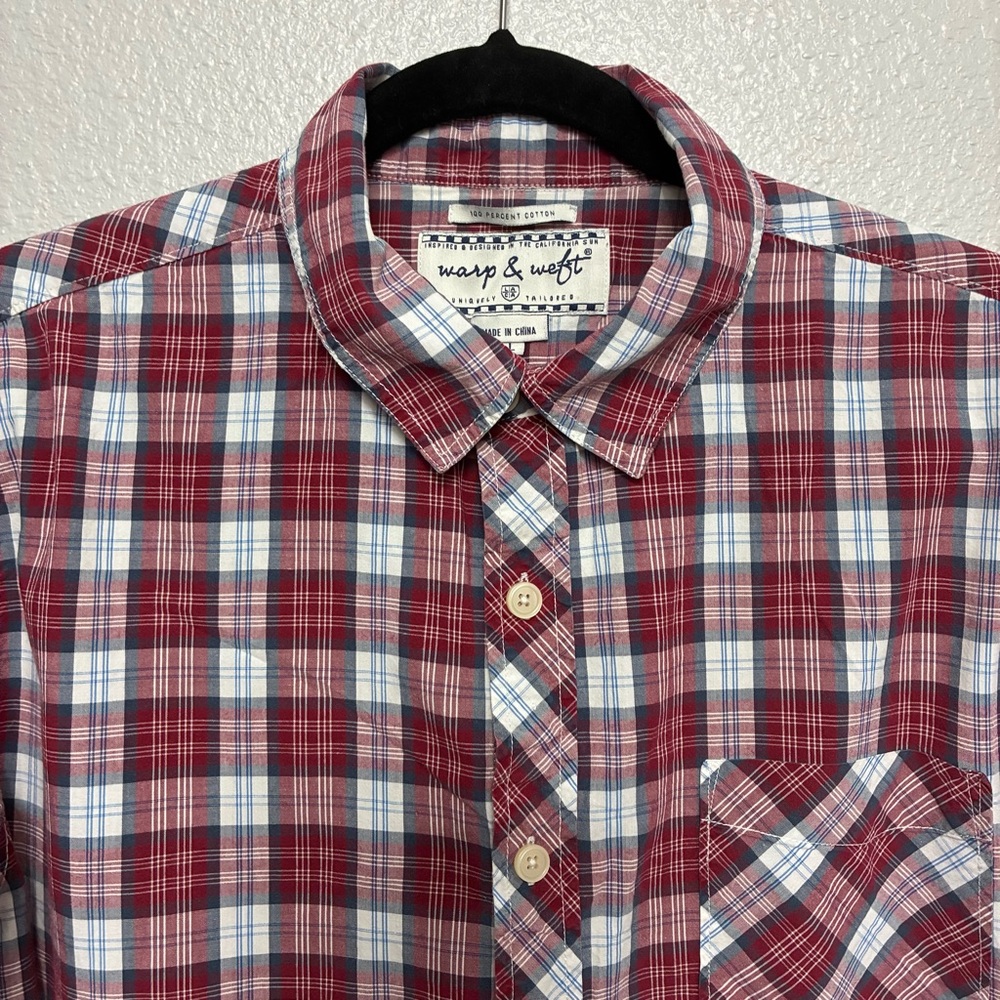 Warp & Weft Men’s Plaid Button Up Shirt Red Blue White Cotton‎ Size L